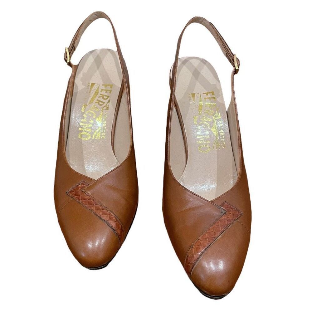 Vintage Salvatore Ferragamo Snakeskin Accent Brown Slingback Heel Size 6